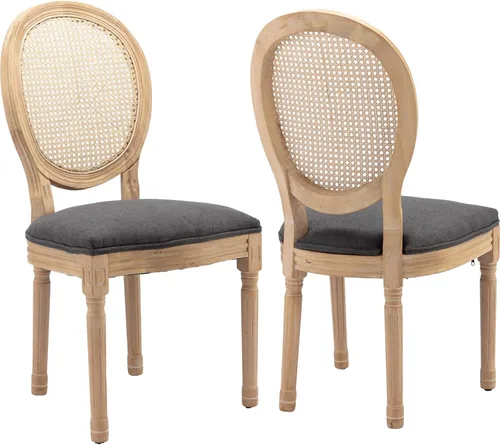 Miniatura 87 de Juego de 2 sillas de comedor de campo francés, sillas de comedor de madera de granja beige, silla de comedor con respaldo tejido con cojín tapizado