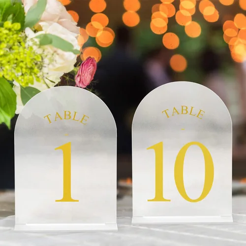 Miniatura 28 de JOYIT Números de Mesa de Boda en Arco 1-10 con Soportes – Letreros Acrílicos Impresos por Ambos Lados de 5" X 7" con Fondo Negro y Texto Blanco