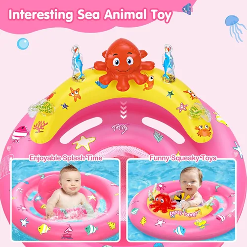 Miniatura 4 de Flotador de piscina para bebé con toldo, flotador inflable de natación para bebés con protección solar UPF50+, flotador de piscina infantil con Rosa