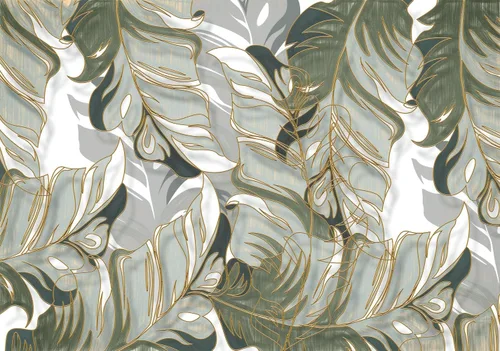 Bormia - Mural de pared pintado a mano, plantas tropicales, hojas, líneas, luz de lujo, papel tapiz para sala de estar, dormitorio, 108 x 75 045