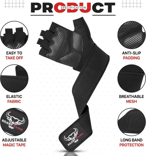 Miniatura 5 de BEAST RAGE Guantes de entrenamiento acolchados para hombres, correas largas para la muñeca estabilizan el agarre para adultos, guantes