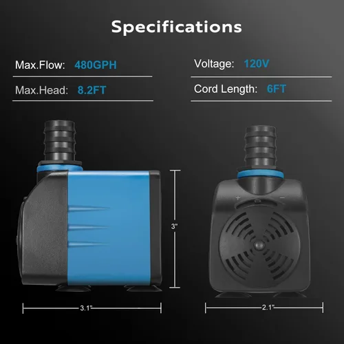 Miniatura 3 de TONGCHANT Bomba sumergible, 480 GPH y elevación de 8.2 pies Bomba de fuente de flujo ajustable de 35 W para tanque de peces y acuario pequeño, 3