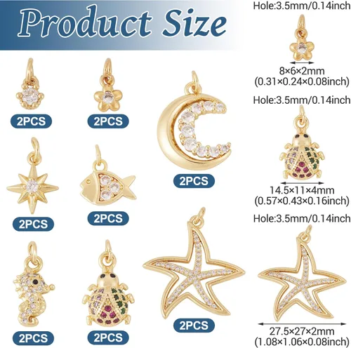 Miniatura 3 de Cheriswelry 8 colgantes chapados en oro de 18 quilates con circonita cúbica, flor, estrella, luna, mariquita, pez, metal, de 0.23 a 0.19 pulgadas