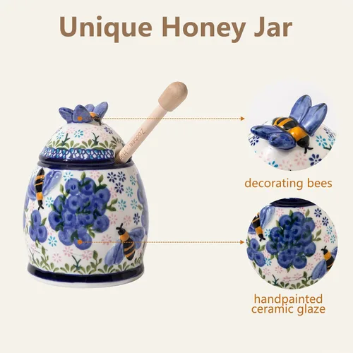 Miniatura 4 de ZOOBEE Tarro de miel de cerámica de 10 onzas con tapa y tapa pintada a mano con diseño natural, pequeño recipiente portátil para miel para cocina