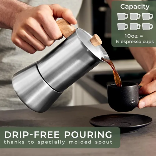 Miniatura 4 de WALDWERK Cafetera Moka de Acero Inoxidable (10 oz) - Cafetera Moka Libre de Tóxicos con Mango de Madera de Roble - Cafetera de Estufa para Espresso