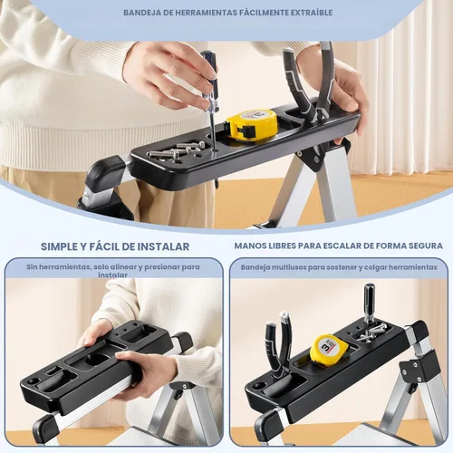 Miniatura 2 de XinSunho Escalera de 3 escalones, empuñadura retráctil plegable con pedal ancho antideslizante, 3 escalones de aluminio, escalera de seguridad