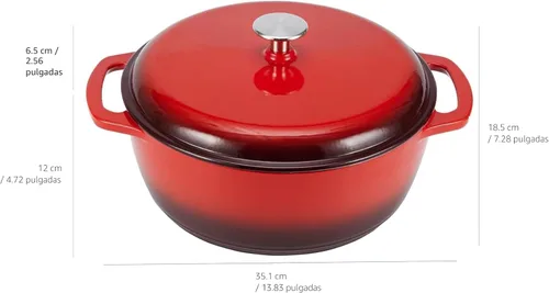 Miniatura 6 de Horno holandés cubierto de hierro fundido esmaltado Amazon Basics, 6 cuartos de galón, color rojo.