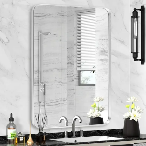 Miniatura 48 de Espejo de montaje en pared para baño, espejo rectangular de tocador rectangular con marco de metal negro cepillado (16 x 20 pulgadas, negro)