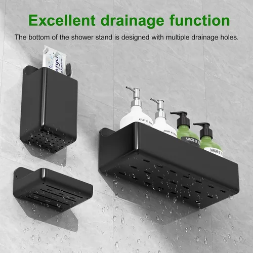 Miniatura 7 de Paquete de 6 estantes de ducha adhesivos inoxidables para ducha interior, sin perforaciones, organizador de baño y almacenamiento grande con soporte