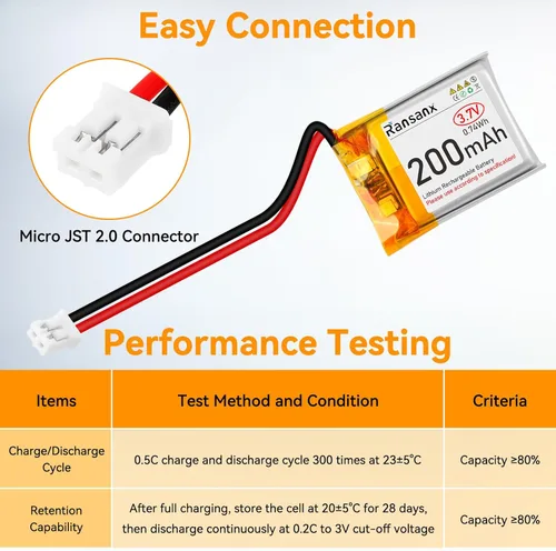 Miniatura 3 de Batería Lipo de 3.7 V 200 mAh 502025 Batería recargable de polímero de litio con conector Micro JST 2.0 Circuito de protección integrado