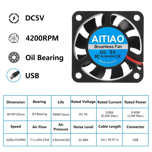 Miniatura 4 de Ventilador de refrigeración sin escobillas USB de 1.575 in x 0.394 in DC 5 V, ventilador de refrigeración silencioso 4010 mini ventilador