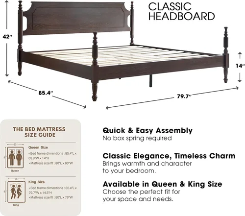 Miniatura 8 de Base de cama de plataforma de madera maciza tamaño King con cabecera y estribo, base de 12 listones fuertes, patas de metal, no necesita somier