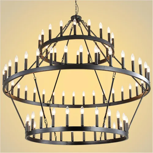 Miniatura 11 de Candelabro de dos niveles en negro, rueda de vagón grande, 54 luces, lámpara colgante de granja redonda de 152 cm, iluminación rústica para comedor
