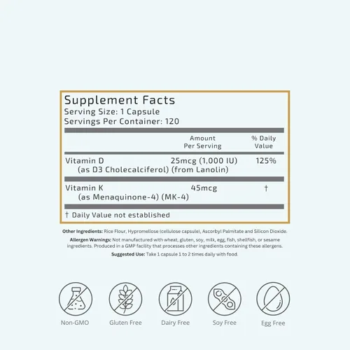 Miniatura 2 de VTC VitaTradingCo. Vitamina D3 + K2 Formas bioactivas de alta potencia 1000iu D3 + 45mcg MK-4 K2 Aumenta la absorción de calcio Soporte