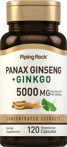 Piping Rock Panax - Suplemento de ginseng y ginkgo biloba | 120 cápsulas | con extracto de pimienta negra | Suplemento vegetariano, sin OMG y sin