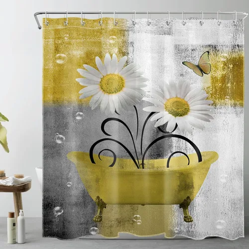 EOBTAIN Cortina de ducha floral de margaritas para baño, cortina de ducha vintage con flores y mariposas en la bañera, cortina de ducha con 12
