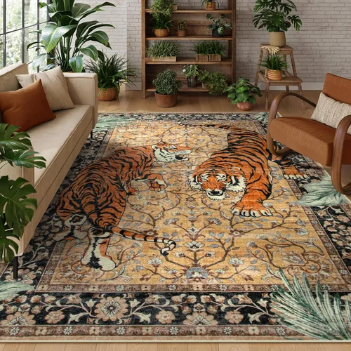 Miniatura 10 de Moynesa Alfombras Lavables de Tigre, Alfombras de Área de Entrada de 3x5, Alfombra Suave Vintage Antideslizante para Sala de Estar, Tapete