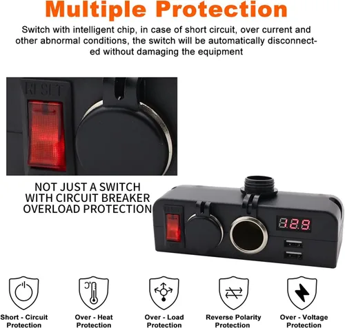 Miniatura 5 de Cargador de enchufe USB dual y adaptador divisor de encendedor de cigarrillos de salida de 12 V dual con voltímetro LED y interruptores de Adaptador