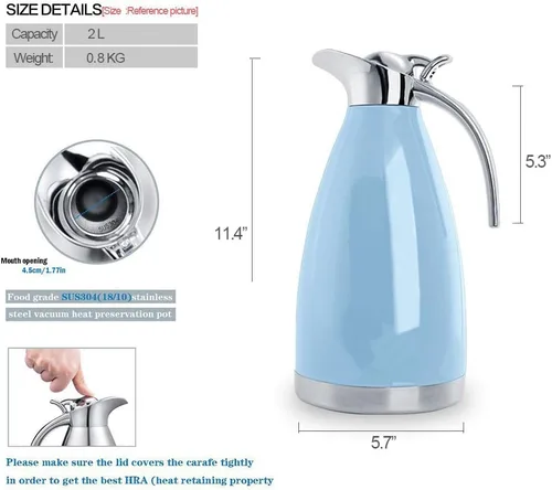 Miniatura 2 de Jarra térmica de acero inoxidable de 68 onzas – Termo/jarra aislada al vacío de doble pared con tapa – Jarra de café/té retención de calor y frío
