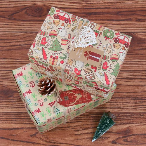 Miniatura 7 de Aimyoo Paquete de papel kraft de regalo de Navidad, papel de regalo de Navidad vintage para niños, guantes de calcetines, bastones de caramelo