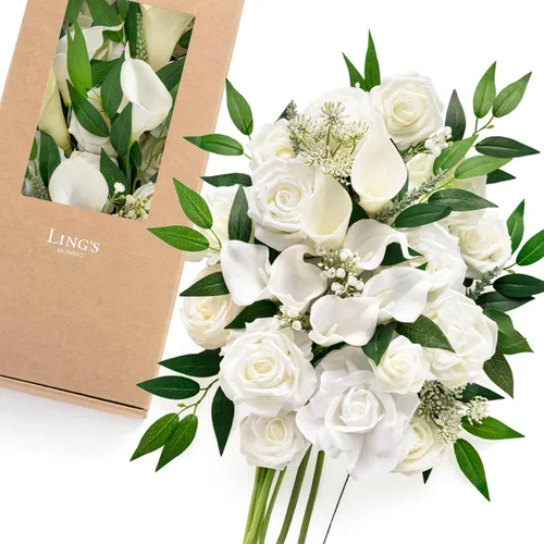 Miniatura 15 de Ling's moment Caja de Flores Falsas, Tallos de Vegetación Artificial Falsa Rosas de Espuma Dalias de Seda Hojas de Rosa Flor de Tela para Centros