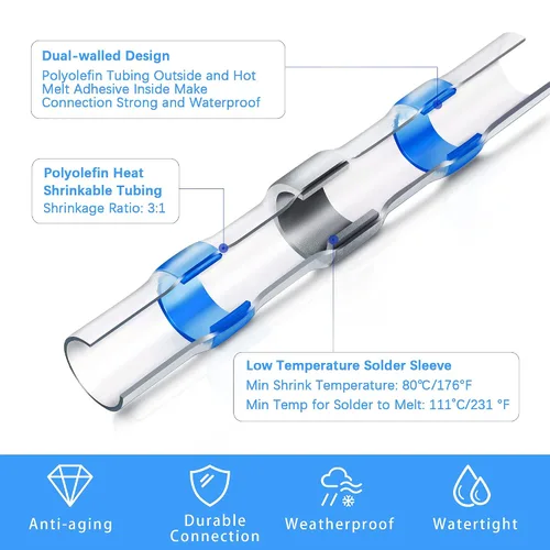 Miniatura 6 de Kuject 200 PCS Conectores Termorretráctiles de Sellado de Soldadura a Tope, Kit de Conectores de Cable Impermeables Terminales Eléctricos, Conector