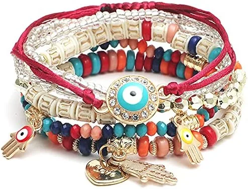 Miniatura 3 de Caiyao - Juego de 4 pulseras elásticas bohemias de cuentas, multicapa, de mal de ojo, Hamsa, pulsera de mano con dijes bohemios, elásticas