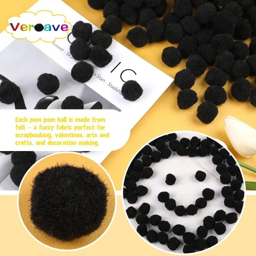 Miniatura 4 de Veroave Pompones negros, 150 pompones de 1 pulgada para manualidades, bolas de soplo, manualidades y manualidades para decoración de manualidades
