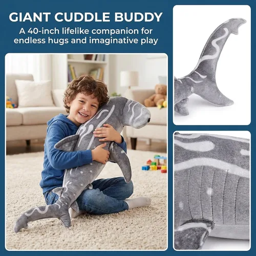 Miniatura 3 de Juguete de peluche gigante de tiburón martillo – Juguetes de peluche realistas de tiburón martillo de 40 pulgadas de largo, súper suaves, animales