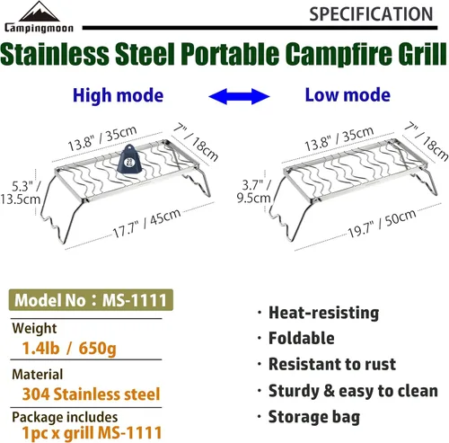 Miniatura 3 de Campingmoon - Parrilla plegable portátil para fogata de campamento sobre fuego, estufas divididas de acero inoxidable 304