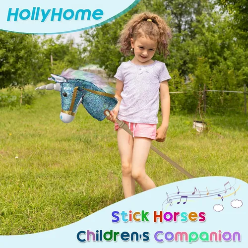 Miniatura 3 de HollyHOME Caballo de unicornio con lentejuelas, caballo de juguete artesanal con palo y ruedas de madera, sonidos reales de relincho y galope de Azul