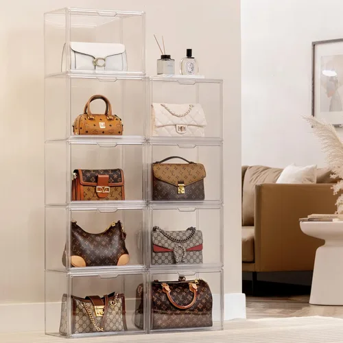 Miniatura 6 de HBlife Paquete de 3 organizadores de almacenamiento de bolsos para armario, caja grande transparente apilable de bolsa con puerta magnética