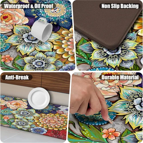 Miniatura 4 de Alfombras de Cocina Florales para Suelo de 2 Piezas con Flores Alfombras de Cocina Anti Fatiga Antideslizantes Acolchadas Cómodas para Estar de Pie