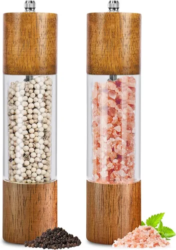 Juego de 2 molinillos de sal y pimienta, molinos de acrílico premium de sal y pimienta - agitadores manuales de madera de roble con núcleo de