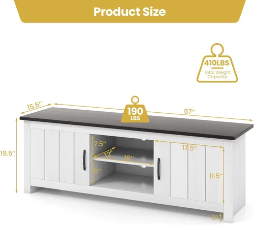 Miniatura 5 de Tangkula Soporte de TV de 2 puertas para televisores de hasta 65 pulgadas, mesa consola de TV de 57 pulgadas con 2 gabinetes y estantes abiertos
