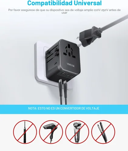 Miniatura 6 de VINTAR - Adaptador de viaje universal, adaptador de corriente internacional con 6A, 3 USB C y 2 puertos USB, adaptador de enchufe esencial de viaje