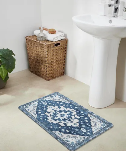 Miniatura 7 de Uphome Alfombra de baño vintage, azul, bohemio, antideslizante, oriental, suave, lavable a máquina, lindas alfombras de baño tribales florales