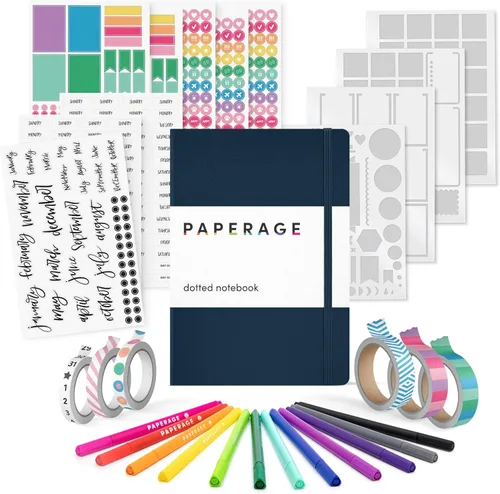 Miniatura 9 de PAPERAGE Kit de diario de viñetas, juego de diario punteado y kit estacionario, cuaderno de tapa dura con puntos (rubor), 12 bolígrafos finos, 8