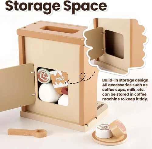 Miniatura 4 de BUYGER Cafetera de juguete para niños, juego de café de madera, juego de juegos de simulación, accesorios de cocina, regalos para niños de 3, 4 y 5