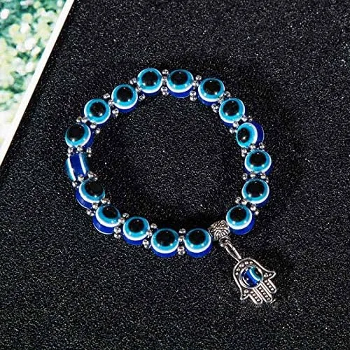 Miniatura 6 de RUIZHEN - 2 Pulseras elásticas con cuentas azules de ojo malvado, 7 chakras, piedra de lava, mano de Hamsa