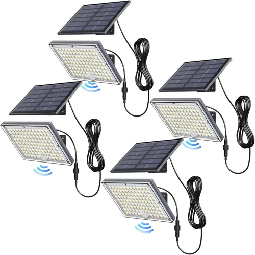JACKYLED Paquete de 4 focos solares para exteriores, focos solares impermeables con sensor de movimiento, iluminación de seguridad del atardecer al