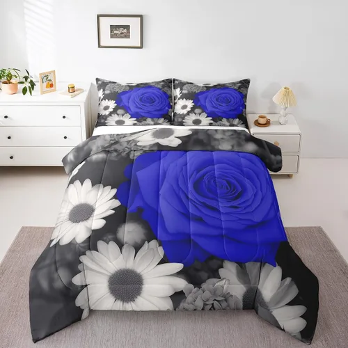 Miniatura 16 de Juego de edredón de rosas rojas, tamaño individual, juego de ropa de cama floral rojo degradado negro para niñas, mujeres, niños, adolescentes