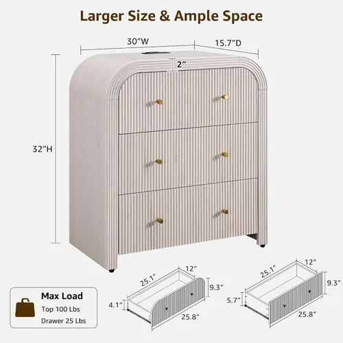 Miniatura 2 de T4TREAM Cómoda acanalada con 3 cajones, cómoda moderna de 32 pulgadas de alto con diseño de perfil curvado grueso, organizador de almacenamiento