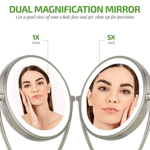 Miniatura 2 de Ovente Espejo de maquillaje de mesa iluminado de 9.5 pulgadas, LED, regulable, 1 lupa 5X, 360 ajustable, doble cara, funciona con batería, funciona