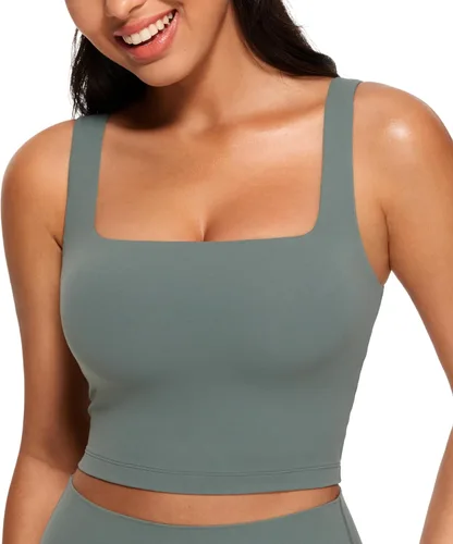 Miniatura 68 de CRZ YOGA Butterluxe Brasier deportivo de cuello cuadrado para mujer, estilo camiseta corta sin mangas, acolchado con soporte integrado para yoga