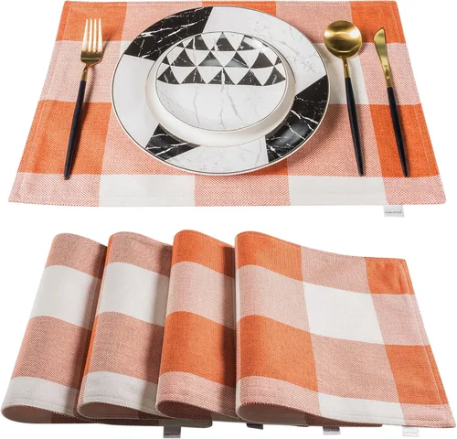 Miniatura 12 de Juego de 4 manteles individuales beige, manteles individuales de lino de doble capa, manteles individuales de primavera a cuadros de cocina