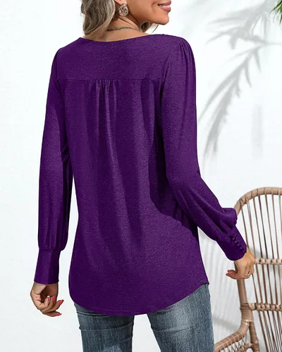 Miniatura 2 de Ficerd Blusa plisada de manga corta abombada para mujer, cuello redondo, elegante, casual, holgada, para primavera y verano