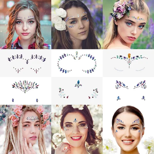 Miniatura 2 de AOMIG Gemas faciales con purpurina, 6 calcomanías de diamantes de imitación para cara, joyas de cara de sirena, lágrimas de cristal, piedras B