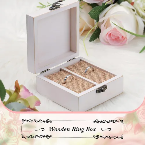 Miniatura 5 de Caja de madera para anillo de ceremonia de boda soporte de anillo de madera rústico para anillos de matrimonio y joyería de pareja