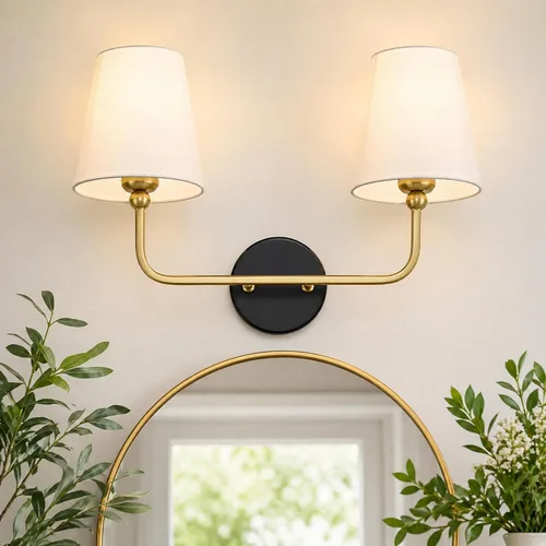 Miniatura 13 de VL837-BG-RA-2 - Lámparas de baño de 2 luces, luces de ratán dorado cepillado, aplique de doble pared con pantalla tejida a mano acampanada, apliques